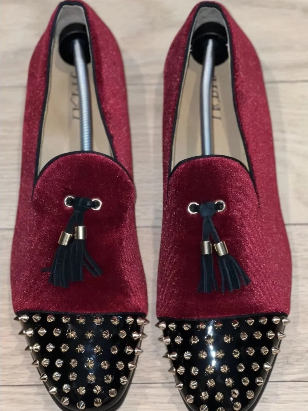 Red Velvet Studded Loafers Tassel Smoking Shoes Size 13 Wedding Formal Men